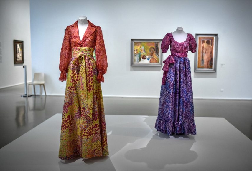 This picture shows creations of late French designer Yves Saint-Laurent displayed at Paris Modern Art Museum as part of the exhibitions "Yves Saint-Laurent at the museums" on January 24, 2022 in Paris. (Photo by STEPHANE DE SAKUTIN / AFP) / RESTRICTED TO EDITORIAL USE - MANDATORY MENTION OF THE ARTIST UPON PUBLICATION - TO ILLUSTRATE THE EVENT AS SPECIFIED IN THE CAPTION