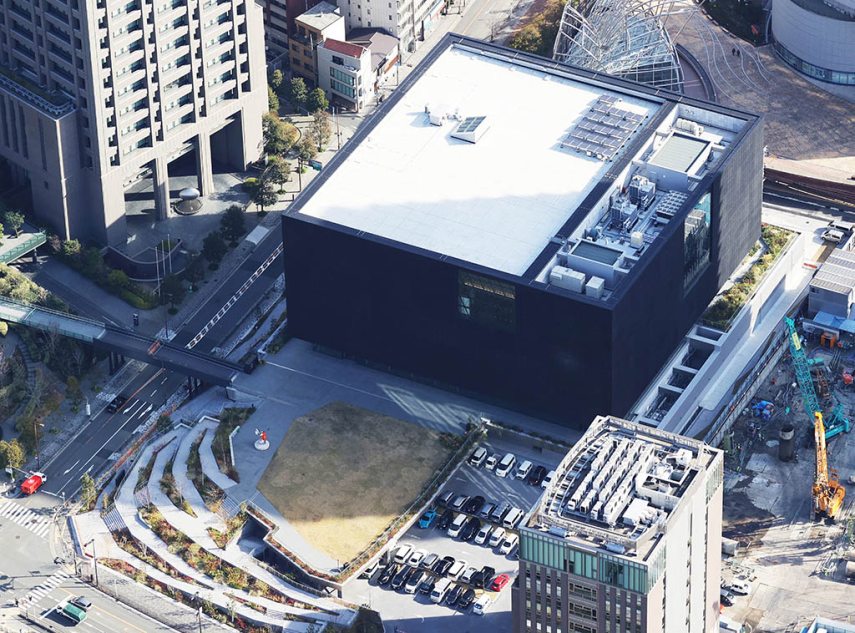 An aerial photo shows Nakanoshima Museum of Art in Osaka City, Osaka Prefecture on January 15, 2022. Nakanoshima Museum of Art will open on February. The Nakanoshima Museum of Art has a collection policy of modern and contemporary art and design in Osaka and around the world. Katsuhiko Endo designed the architecture of the museum, which is a black rectangular parallelepiped.  ( The Yomiuri Shimbun ) (Photo by Shohei Izumi / Yomiuri / The Yomiuri Shimbun via AFP)