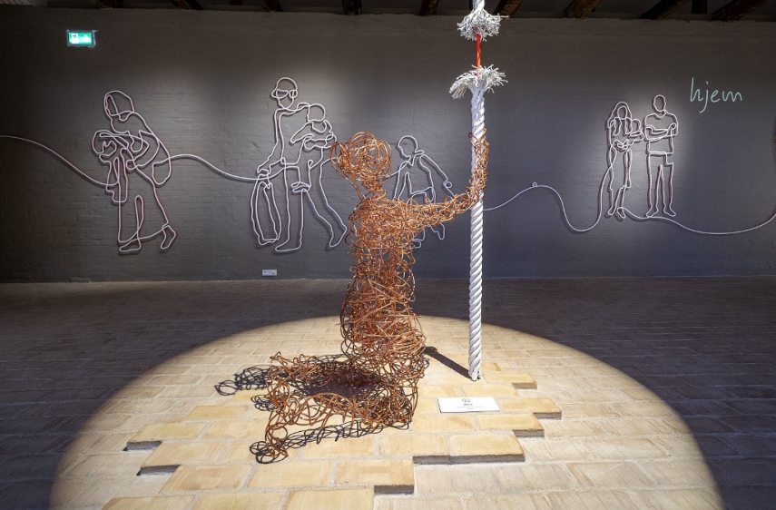 Picture taken on June, 24, 2022 shows an inside view of the new Refugee Museum of Denmark FLUGT in Oksboel, southwestern Denmark. - The museum will be inaugurated by the Danish Queen and Germany's Vice-Chancellor on June 25, 2022. According to the museum, its main subjects will be "the German refugees who fled to Denmark in 1945 as well as the many refugees, from e.g. Vietnam, Bosnia and Syria that have come to this country in recent years". (Photo by John Randeris / Ritzau Scanpix / AFP) / Denmark OUT