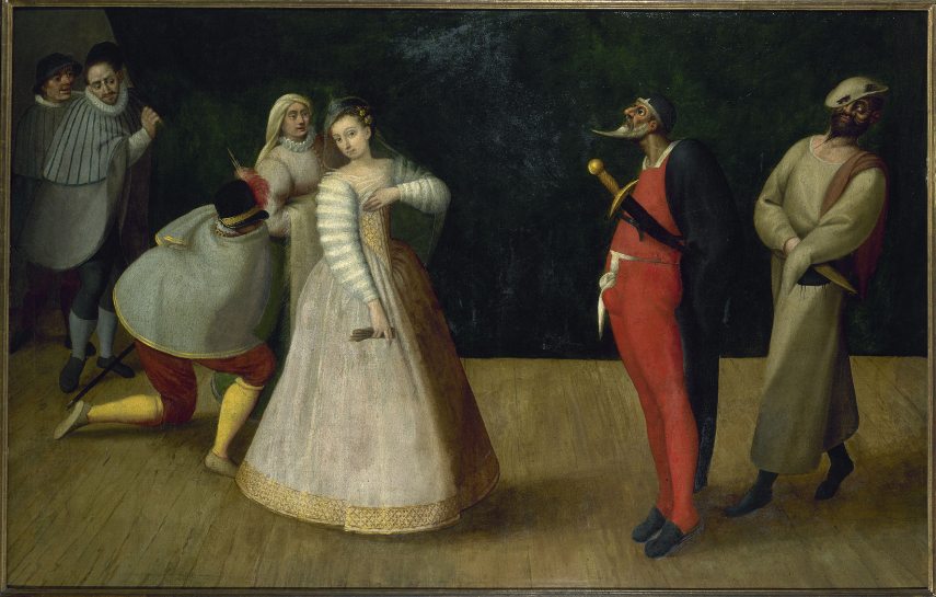 Troupe de comédiens italiens (les Gelosi, avec Isabella Andreini ?). Huile sur toile. Paris, musée Carnavalet.