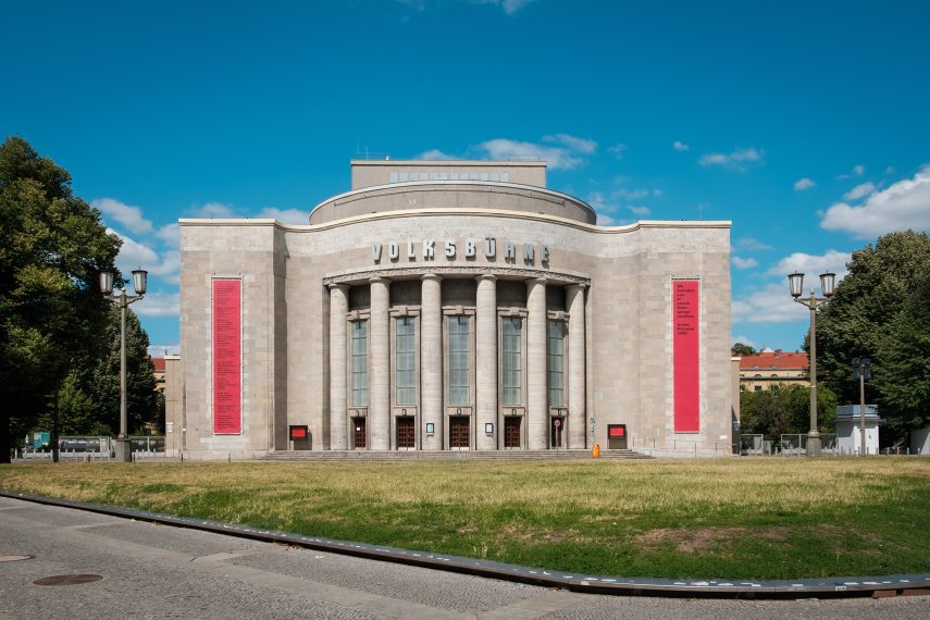 Berlin, Germany - july 2018:   The facade of the Volksbuehne ("People's Theatre") at Rosa Luxemburg Platz in Berlin Mitte, Germany