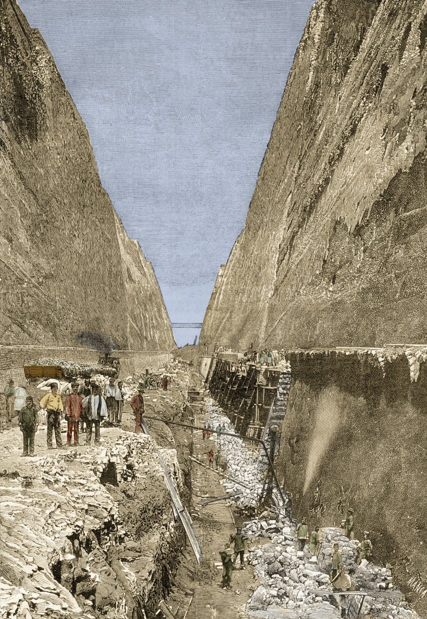 Construction of the Corinth Canal 1893 -engraving  - Construction du Canal de Corinthe .
©Bianchetti/Leemage (Photo by leemage / Leemage via AFP)