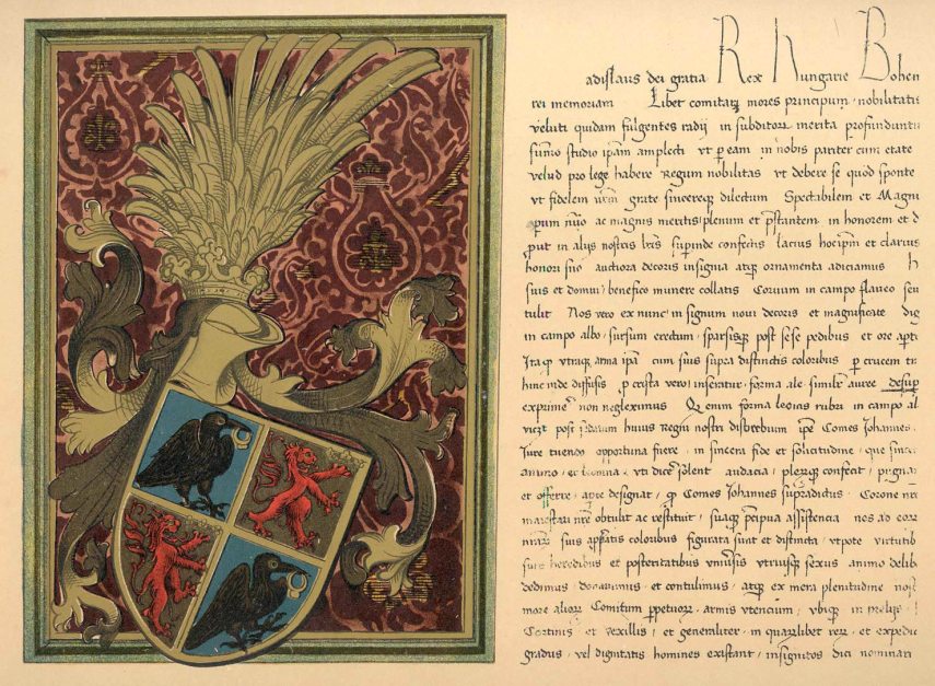 Részlet Hunyadi János címerleveléből, kelt Pozsonyban, 1453. február 1-én. Forrás: Arcanum