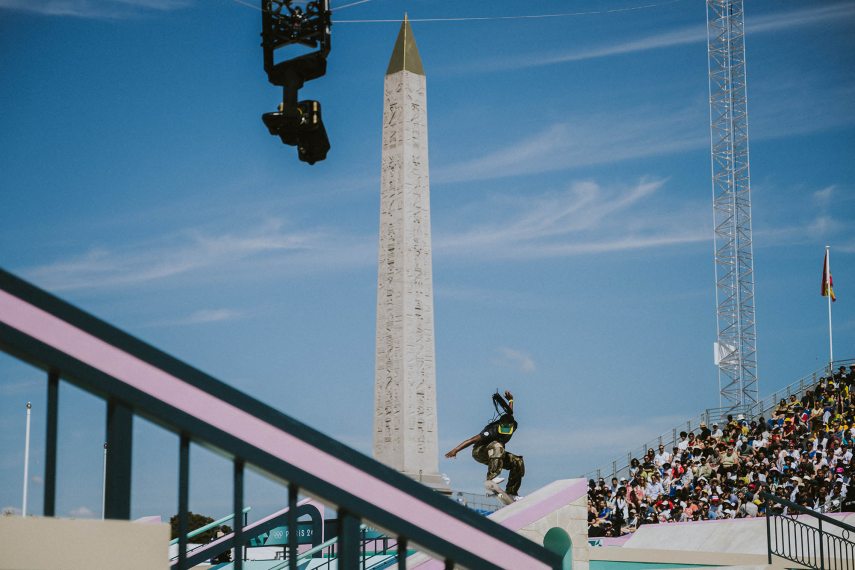 Boipelo Awuah (RSA) competes at round one during the Women's Street Prelims in Skateboarding Women’s Park during the Olympic Games Paris 2024, at La Concorde 3, in Paris, France, on July 27, 2024, Photo Pauline Ballet / KMSP (Photo by BALLET Pauline / KMSP / KMSP via AFP)