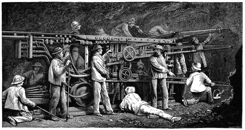 Germain Sommeiller's (1815-1871) compressed air rock drill used in the Mont Cenis and St Gothard railway tunnels. Sommeiller engineer of Mont Cenis tunnel. 
1874
Wood engraving
Paris (Photo by Ann Ronan Picture Library / Ann Ronan Picture Library / Photo12 via AFP)