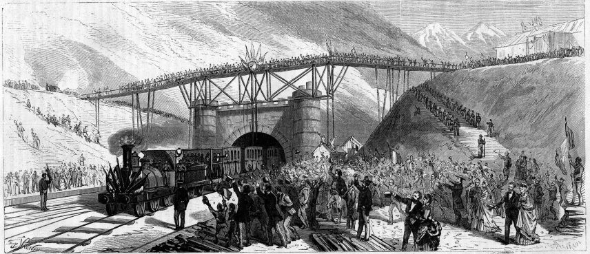 Inauguration du tunnel du Mont Cenis (Monte Cenisio) en 1871.Arrivee du train des invite a Bardonneche (Bardonecchia)
©Bianchetti/Leemage (Photo by leemage / Leemage via AFP)