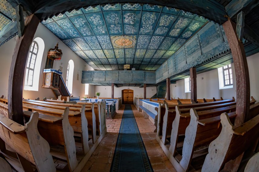 Szentgyörgyvölgy, református templom Szentgyorgyvolgy , Hungary - June 22 2020 : Interior of late baroque style reformed church with wooden cassette.The cassettes have cirrus clouds motifs that exude a unique atmosphere.