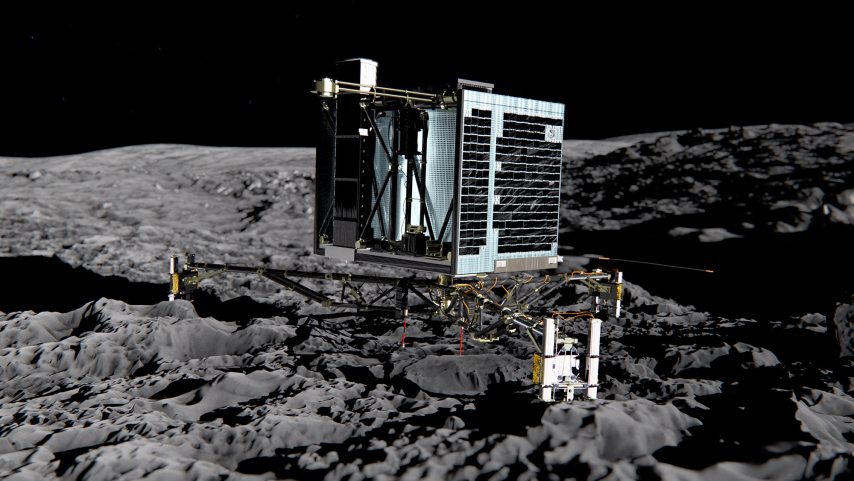 This picture released by the European Space Agency on December 20, 2013 of an artist’s impression of Rosetta’s lander Philae (back view) on the surface of comet 67P/Churyumov-Gerasimenko. Philae will be deployed to the comet in November 2014 where it will make in situ observations of the comet surface, including drilling 23cm into the subsurface to extract material for analysis in its on board laboratory. An alarm clock in deep space was expected on January 20, 2014 to wake up the comet probe Rosetta ahead of a key phase in its 10-year mission, European scientists said. Rosetta's onboard computer was programmed to give the wakeup call at 1000 GMT, but it would take at least seven hours for mission control to get confirmation it has worked, they said. The craft was launched in 2004 on a trek of seven billion kilometres (4.3 billion miles) around the inner Solar System.
RESTRICTED TO EDITORIAL USE - MANDATORY CREDIT "AFP PHOTO / ESA MEDIALAB" - NO MARKETING NO ADVERTISING CAMPAIGNS - DISTRIBUTED AS A SERVICE TO CLIENTS (Photo by MEDIALIAB / ESA / AFP)