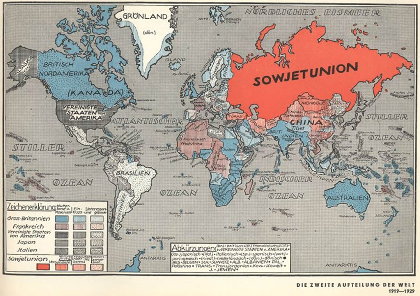 Térkép Radó Sándor 1930-ban Berlinben kiadott Atlasz a politikához, gazdasághoz, munkásmozgalom, Az imperializmus című művéből, mely a hivatalos szovjet álláspont szerinti térképket tartalmaz