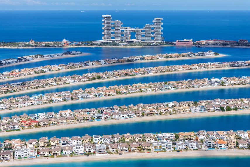 Dubai The Palm Jumeirah with Atlantis The Royal Hotel artificial island from above luxury