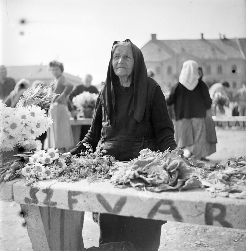 Virágárusok a székesfehérvári piacon 1958-ban. #286936 Fotó: Fortepan / Szentkuthy Ibolya