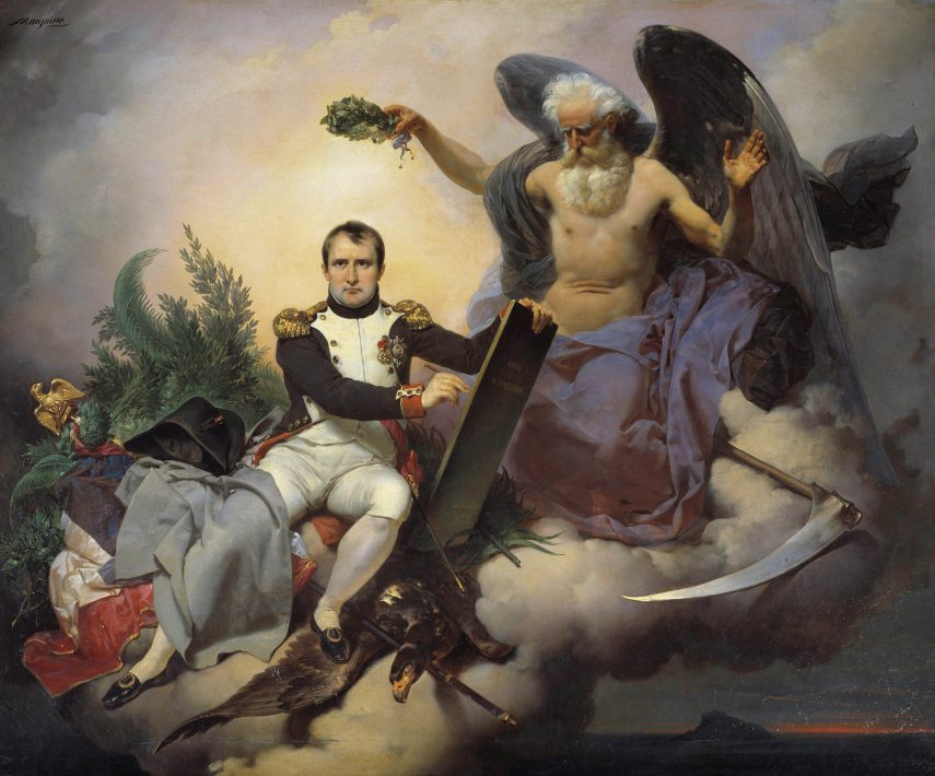 "Napoleon Ier couronne par le Temps, ecrit le Code Civil" L'allegorie du Temps, sous les traits d'un vieil ange couronne Napoleon Bonaparte (1769-1821) au moment ou il redige son code de lois dit code Napoleon promulgue en 1804. Peinture de Jean-Baptiste Mauzaisse (1784-1844) Dim. 1,3x1,6 m. Malmaison, chateaux de Malmaison et Bois-Preau (Photo by Photo Josse / Leemage via AFP)