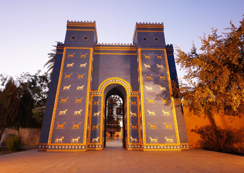 BABYLON, IRAQ - NOVEMBER 8: A view of reproduction of Ishtar Gate in seen in Babylon located 100 km south of Baghdad Iraq on November 8, 2021. The history of the ancient city Babylon, one of the Seven Wonders of the ancient World and on the list of UNESCO, is known for the Hanging Gardens, the Hammurabi Obelisk and the Babylonian Lion dates back to about 4,000 years ago. The city used to be the largest in the world, and the center of the ancient Babylonian Empire, where civilization first flourished near the Euphrates River and the first written laws were enforced by Hammurabi. The remains of the city were damaged during the construction of the palace of Saddam Hussein in 90s and during the U.S. invasion in 2003 and establishing a military base on ruins. The original version of Ishtar gate is still exhibited in the Pergamon Museum in Berlin. Karar Essa / Anadolu Agency
Karar Essa / ANADOLU AGENCY / Anadolu via AFP