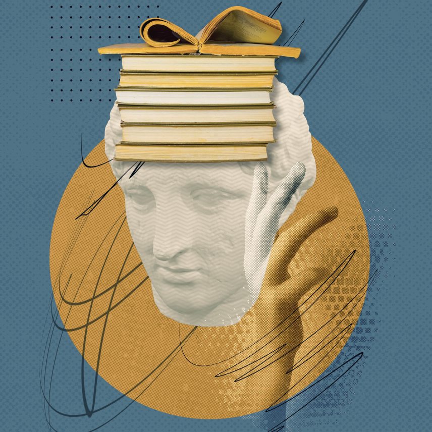 Abstract human antique statue and human hand, books. Creative idea symbol, art design or collage. Mental Health, thinking, psychology, education, intellectual development concept