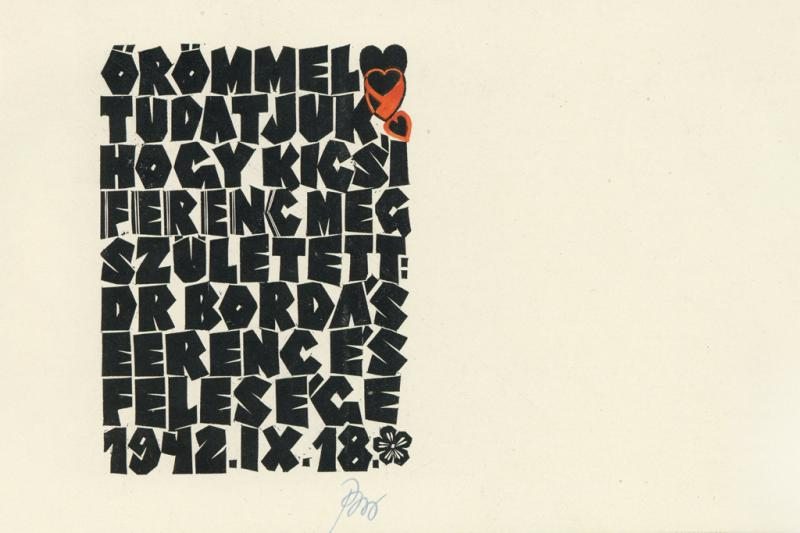 Születési értesítés kicsi Ferenc megszületett Dr. Bordás Ferenc és felesége, Alkotó Bordás Ferenc, 1942.jpg