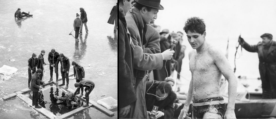 Búvár merülése a befagyott Ráckevei (Soroksári)-Dunába 1973-ban. Fotó: Urbán Tamás / Fortepan - Schirilla György sportoló a jeges Duna átúszása után 1966-ban. Fotó:  Fortepan / Rádió és Televízió Újság