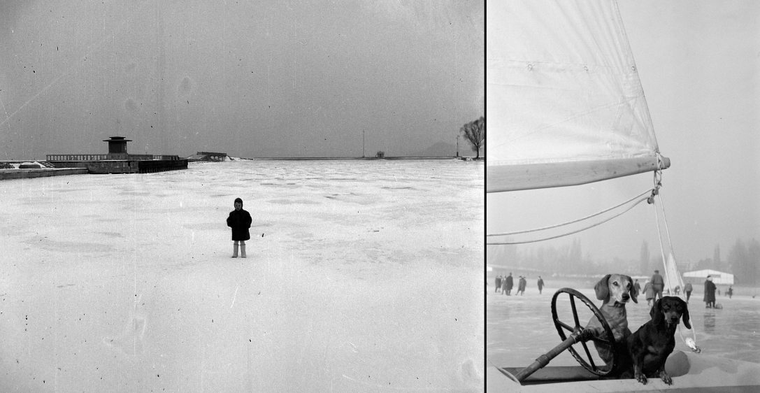 Balatonföldvári hajókikötő, 1935. Fotó: Fortepan / Korbuly - Kutyák a jégvitorláson, a befagyott Balaton a hajóállomás közelében, 1967. Fotó: Fortepan / Bojár Sándor