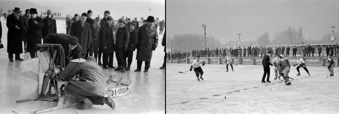 Az első balatoni motoros jégszán, amelyet Csabankó Gyula technikus tervezett és készített. A befagyott Balaton a hajóállomásnál, 1967. - Jégkorongozók, a befagyott Balaton a hajóállomásnál, 1967. Fotó: Fortepan / Bojár Sándor