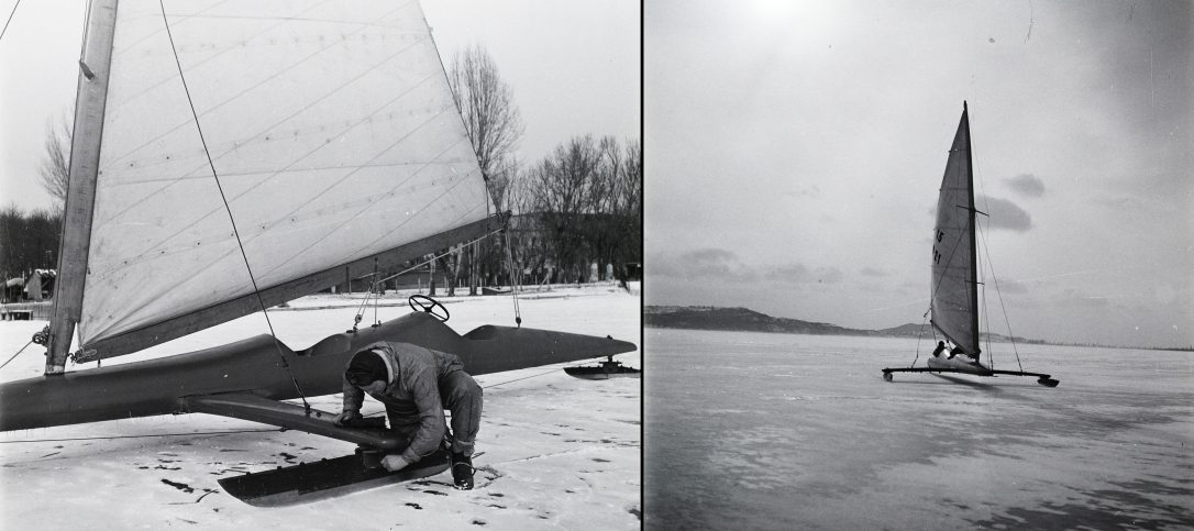 Jégvitorlás Füreden 1956-ban. - Jégvitorlás a Balatonon Fürednél 1956-ban. Fotó: Fortepan / Kotnyek Antal / Ráth Károly