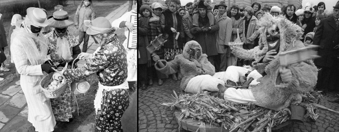 Farsangolás Ipolydamásdon az 1970-es években. Fotó: Fortepan / Urbán Tamás és  Busójárás a mohácsi Széchenyi téren 1979-ben. Fotó:  Fortepan / Erdei Katalin