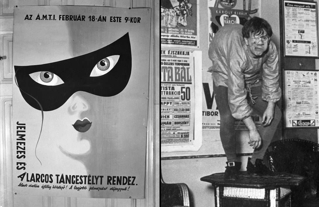 Plakát az ÁMTI Rákóczi úti irodaházában 1950-ben. Fotó: Fortepan / UVATERV és  Jánszky Béla építész Quasimodo maszkban  a MEC álarcos bálján a Hungária Szállóban 1941-ben. Fotó: Fortepan