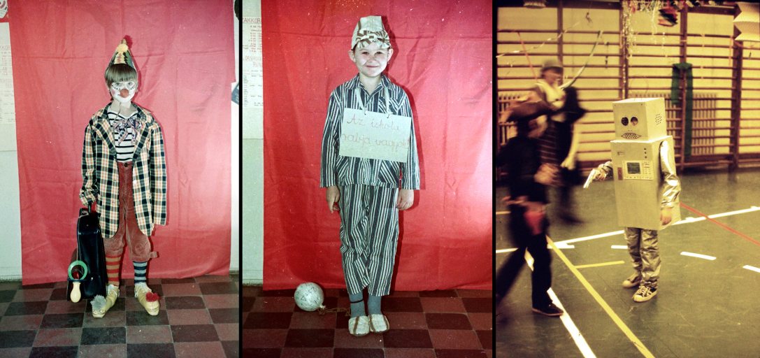 Farsang az Izbégi Általános Iskolában, Szentendrén, 1983-ban. Fotó: Fortepan / Déri György és  1980. Fotó: Fortepan