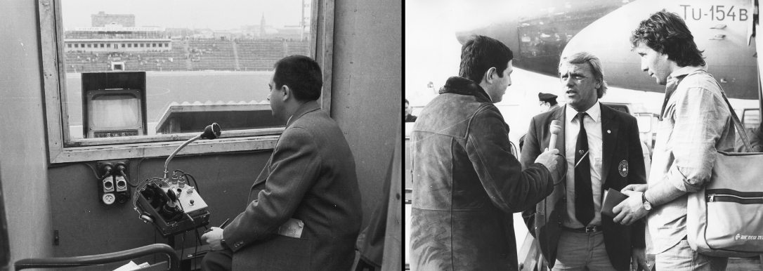 Vitray Tamás sportriporter a Népstadionban 1966-ban. Fotó: Fortepan / Rádió és Televízió Újság és  Bánó András TV riporter Mészöly Kálmán labdarúgó szövetségi kapitánnyal és Nyilasi Tiborral készít riportot a TV Híradónak 1982-ben. Fotó: Koppány György