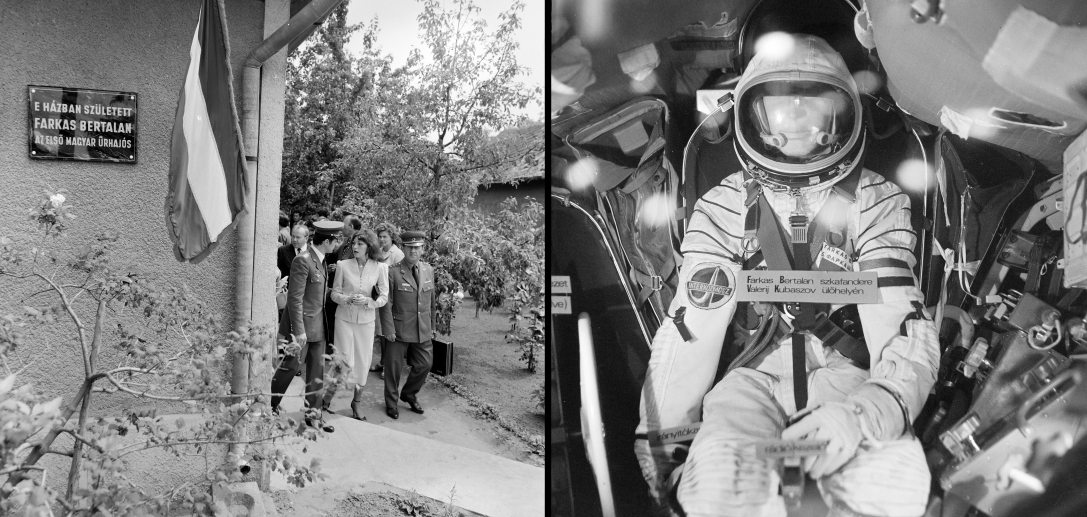 Farkas Bertalan űrhajós (balra) a szülőházánál, Gyulaházán 1980-ban. Fotó: Szalay Béla / Fortepan és Farkas Bertalan, az első magyar űrhajós szkafandere Valerij Kubaszov ülőhelyén. Fotó: Faragó László / Fortepan