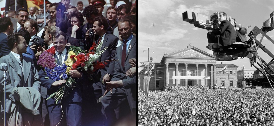 Jurij Gagarin a VIII. VIT alkalmával Helsinki főterén 1962-ben és Az MTV operatőre a Gagarint ünneplő tömeg fölött a Hősök terén 1961-ben. Fotó: Szalay Zoltán / Fortepan