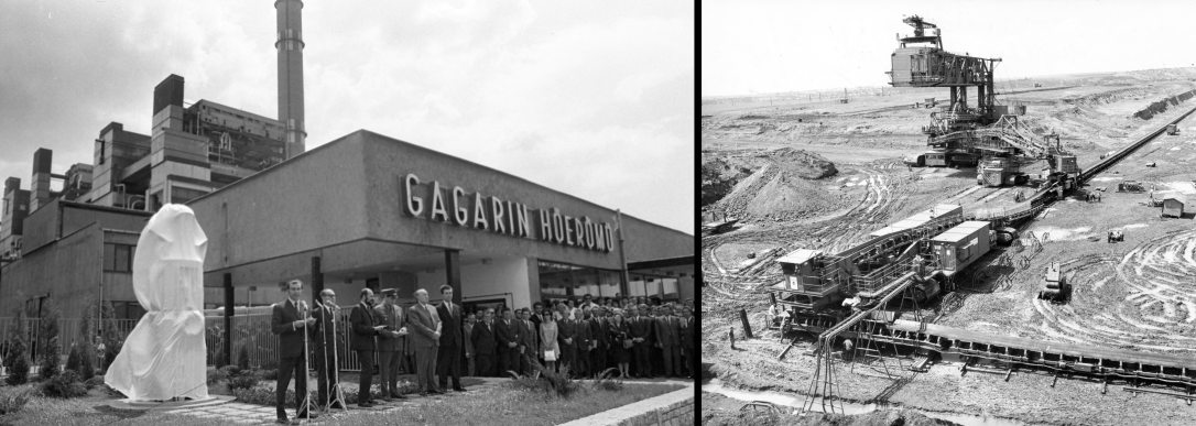 A Gagarin Hőerőmű (később Mátrai Erőmű) avatási ünnepsége Visontán. Fotó: Urbán Tamás / Fortepan 1973-ban és  A Gagarin Hőerőmű Thorez külszíni fejtése 1967-ben. Fotó: Fortepan