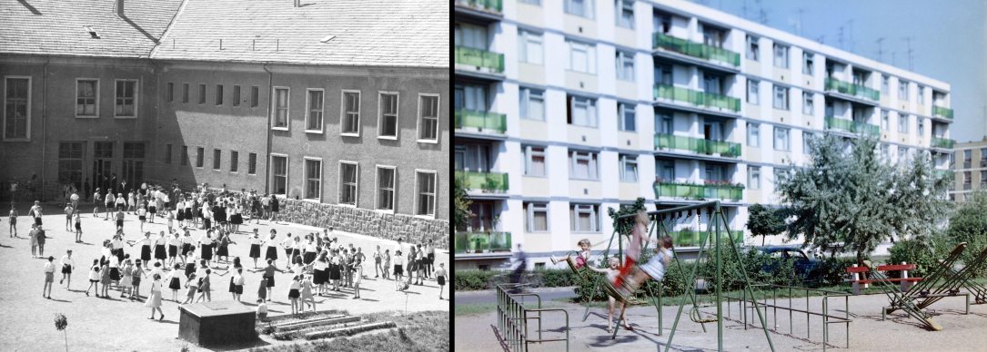 A Gagarin Általános Iskola udvara Komlón 1963-ban. Fotó: Fortepan és Játszótér az Űrhajósok terén Debrecenben 1968.ban. Fotó: VÁTI /  Építésügyi Dokumentációs és Információs Központ / Fortepan