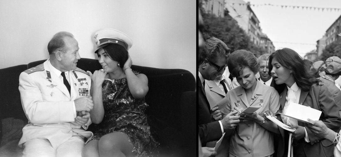 Alekszej Leonov űrhajós és Pécsi Ildikó színművész 1968-ban és Stanislaw Mikulski,  , Valentyina Tyereskova, az első női űrhajós és Pécsi Ildikó szzínművész 1968-ban. Fotó: Szalay Zoltán / Fortepan