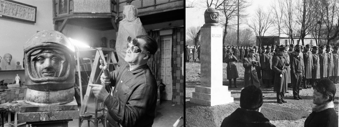 Pándi Kiss János szobrász a műtermében Vlagyimir Mihajlovics Komarov szovjet űrhajós bronz szobrán dolgozik 1968-ban. Fotó: Bojár Sándor / Fortepan és A szobor felállítása a pápai katonai repülőtér parkjában. Fotó: Magyar Hírek folyóirat / Fortepan