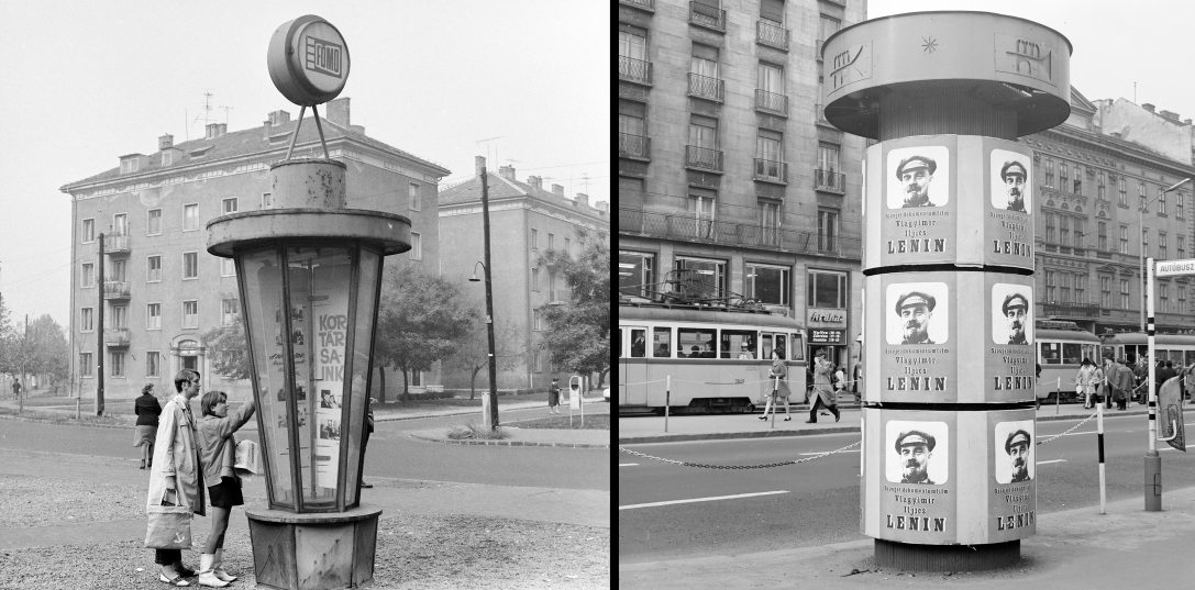 FöMo vítrinoszlop a  Fiastyúk (Thälmann) utcában 1968-ban. Jobbra a Fivér utca torkolata és FöMo filmplakátok az Astoriánál 1970-ben. Háttérben az Extra Áruház. Fotó: FŐFOTÓ / Fortepan
