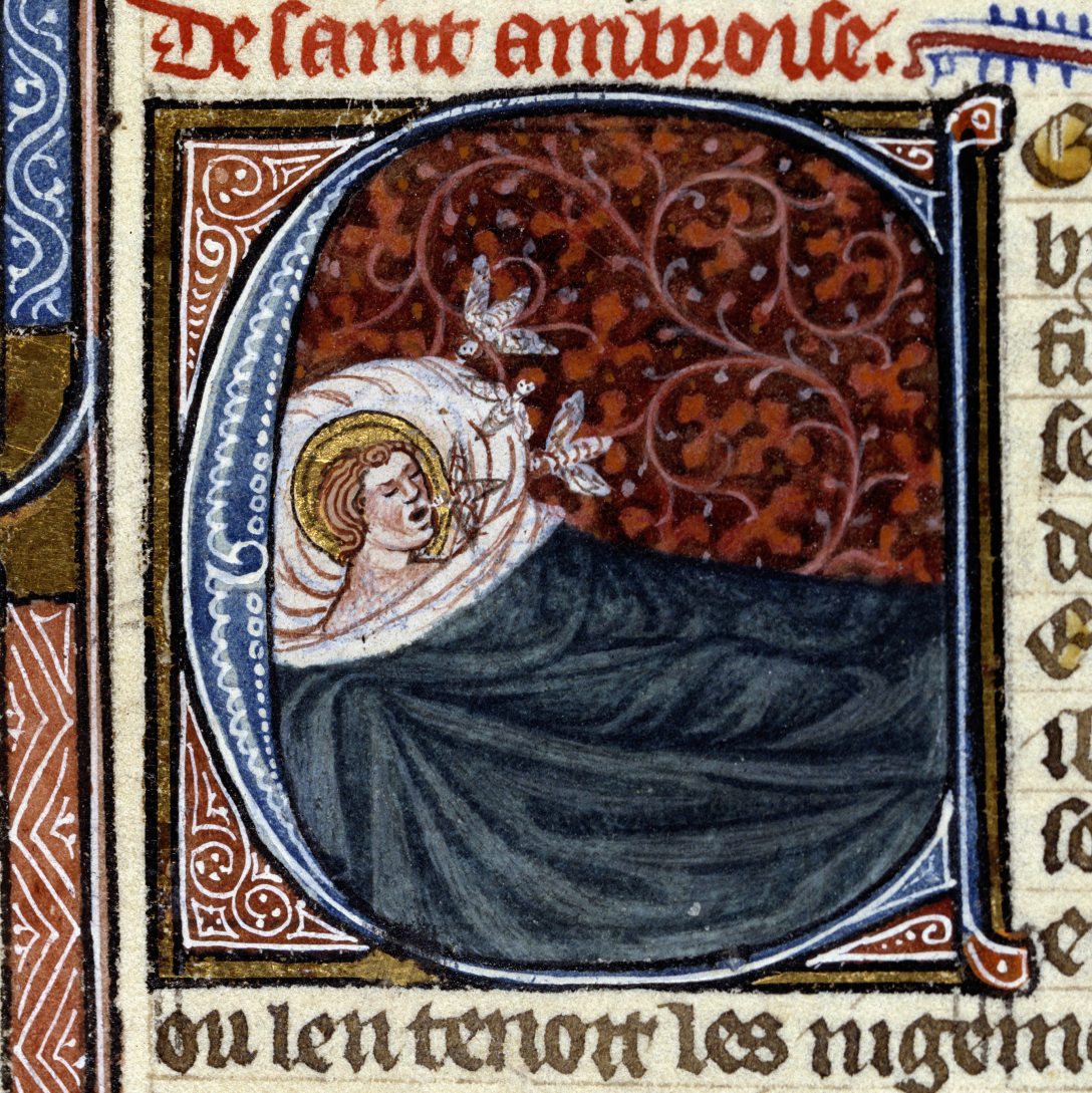 Az alvó Szent Ambrust méhekkel ábrázoló XIII. századi miniatúra. Fotó: Josse / Bridgeman Images / AFP