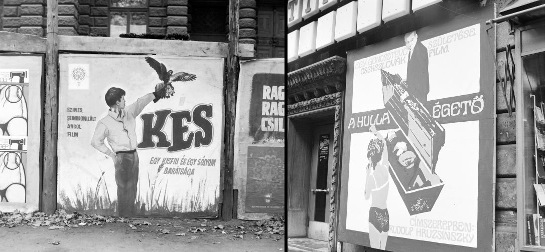 FöMo filmplakát 1970-ben. A felvétel a Magyar Képzőművészeti Egyetem és az Állami Bábszínház épületének rekonstrukciója idején készült. és FöMo filmplakát a Puskin mozinál. Fotó: FŐFOTÓ / Fortepan