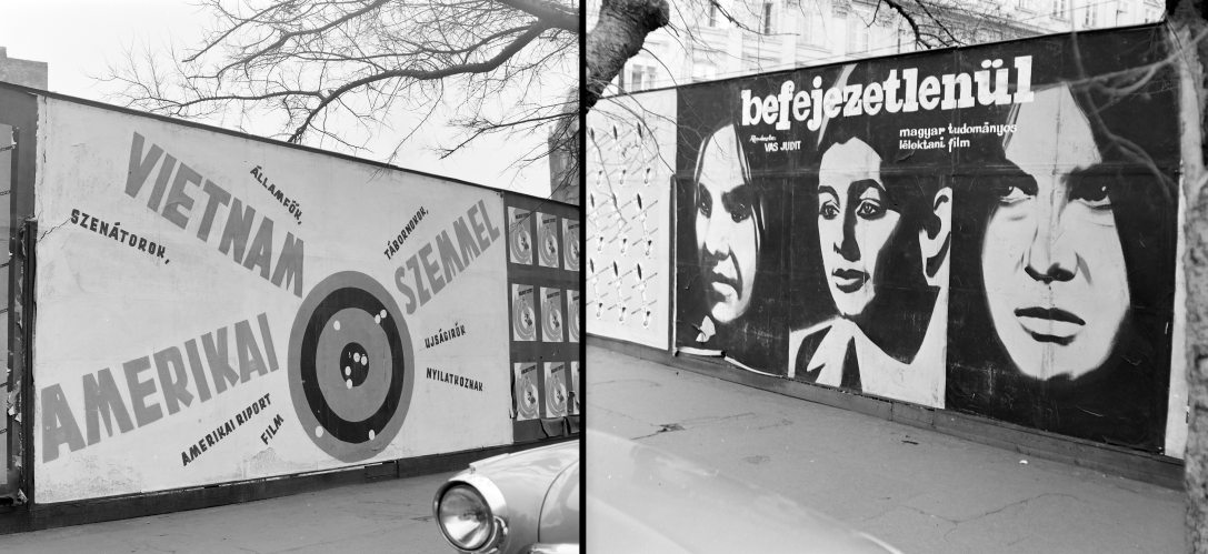 Amerikai riportfilm FőMo plakátja a Széchenyi István (Roosevelt) téren 1970-ben és Magyar tudományos lélektani film FőMo plakátja  a Széchenyi István (Roosevelt) téren 1970-ben. Fotó: FŐFOTÓ / Fortepan