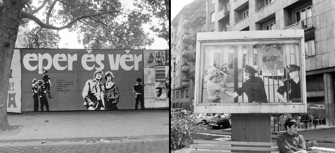 FőMo filmplakát a Váci út és a Dózsa György út sarkán, a Fővárosi Vízművek építési területénél 1970-ben és FőMo filmplakát a Mechwart ligetnél 1970-ben, a Keleti Károly utca felől nézve. Jobbra az Európa Eszpresszó terasza. Fotó: FŐFOTÓ / Fortepan