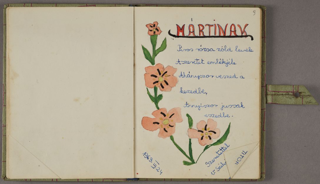 Barla Márta általános iskolai tanuló emlékkönyve az 1960-as évekből - Forrás: Néprajzi Múzeum, Etn ológia Archívum (NM EA 29960)