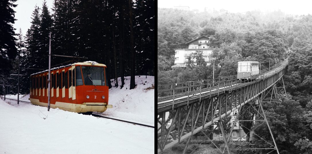 Sikló Ótátrafüred (Starý Smokovec) és Tarajka (Hrebienok) között 1976-ban. Fotó:  Kristek Pál / Fortepan és Siklóvasút (Hungerburgbahn), Kongresshaus és Hungerburg között 1962-ben. Fotó: Chuckyeager tumblr / Fortepan