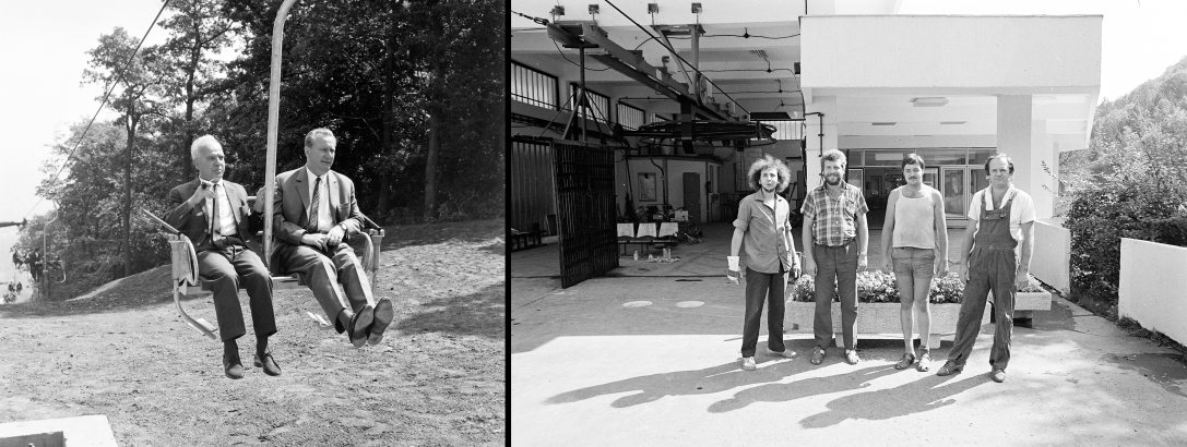 A Libegő felső állomása az átadási ünnepség napján, 1970-ben. és  Dolgozók a Libegő alsó állomásánál 1981-ben. Fotó:  UVATERV és Prohászka Imre / Fortepan