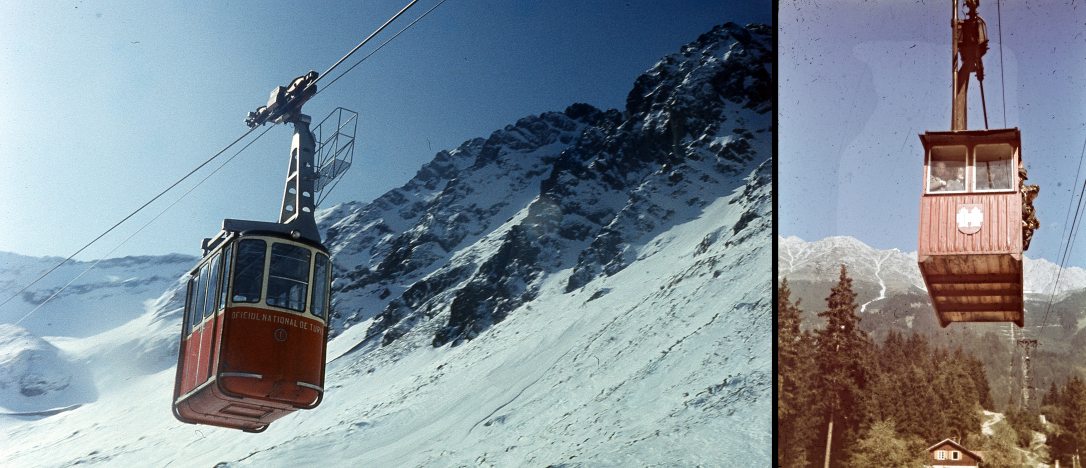 Kabinos kötélpálya a Bilea-tóhoz a Fogarasi havasokban 1984-ben. és Drótkötélpálya kabinja Hungerburg és  Seegrube állomás között Insbruckban 1942-ben. Fotó:  Varga János és Id. Konok Tamás / Fortepan