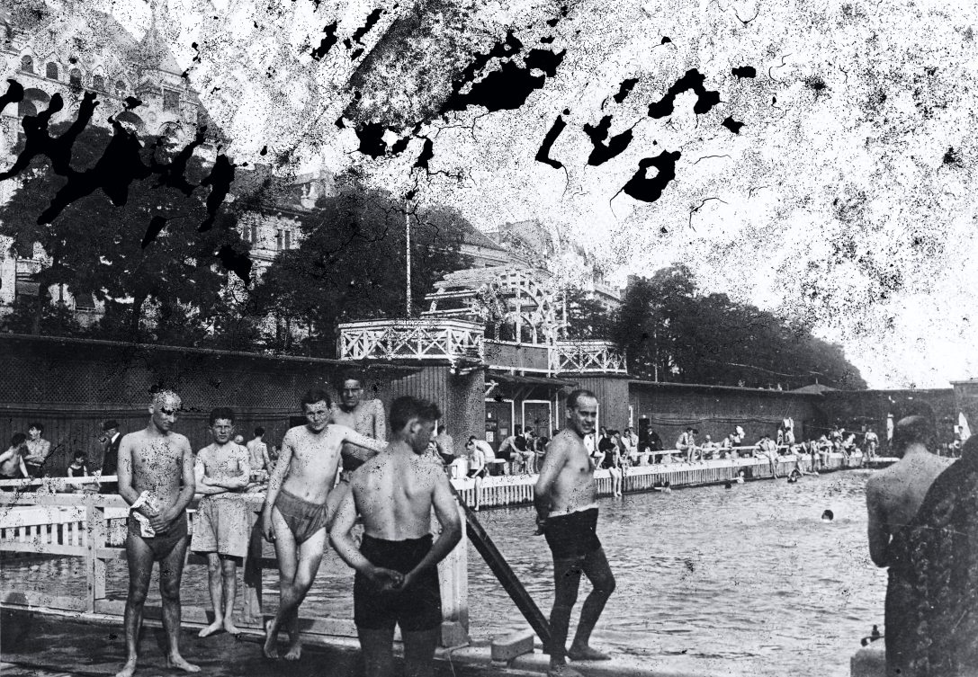 Dunai uszoda az Erzsébet híd közelében 1935-ben. A háttérben balra a Belgrád (Ferenc József) rakpart házsora. Fotó: Fortepan / Magyar Földrajzi Múzeum / Erdélyi Mór cége