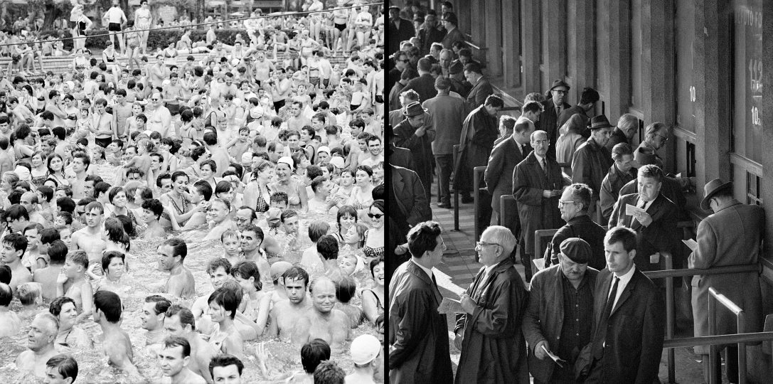 A Palatinus Strandfürdőben a Margitszigeten, 1968-ban és Kerepesi úti Ügetőpálya, I. helyi kasszasor, 1968. Fotó: Fortepan / Hegyi Zsolt / Balla Demeter