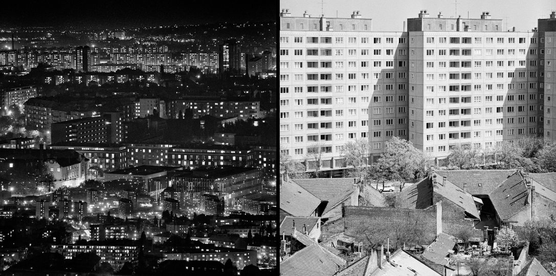 Egy XI. kerületi, Számadó utcai ház ablakából készült multiexpozíciós felvétel 1975-ből és A III. kerületi, Vörösvári úti lakótelep 1-11. számú épülete a Szőlő utca felől nézve 1971-ben. Fotó: Fortepan / Hegyi Zsolt / Balla Demeter