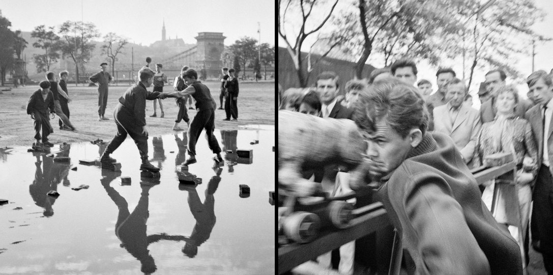 Játszótér az Eötvös tér és a Dorottya utca közötti üres telken 1960-ban és "Lökd meg a kecskét" játék a Vidámparkban 1968-ban. Fotó: Fortepan / Hegyi Zsolt / Balla Demeter