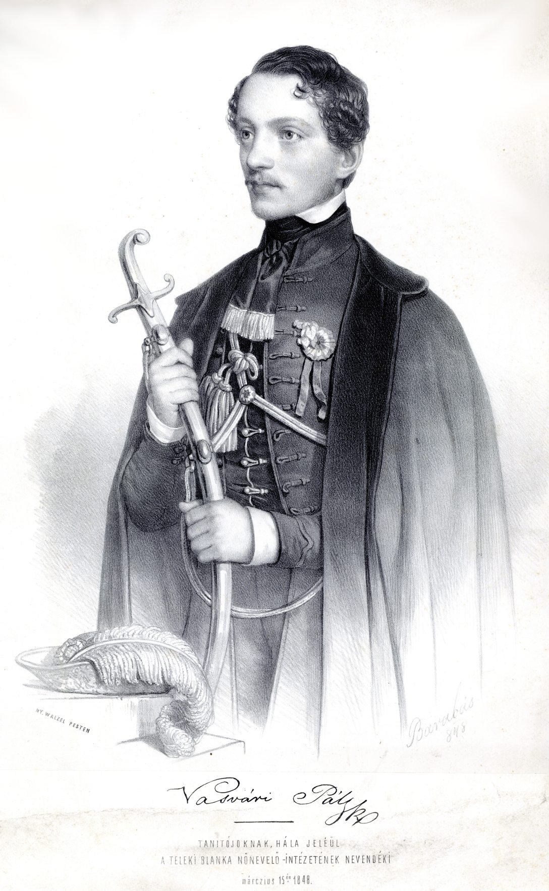 Barabás Miklós rajza után készült litográfia, Vasvári Pál (1826-1849) honvéd portréja. Fotó: Wikipedia/Piarista Múzeum - Budapest