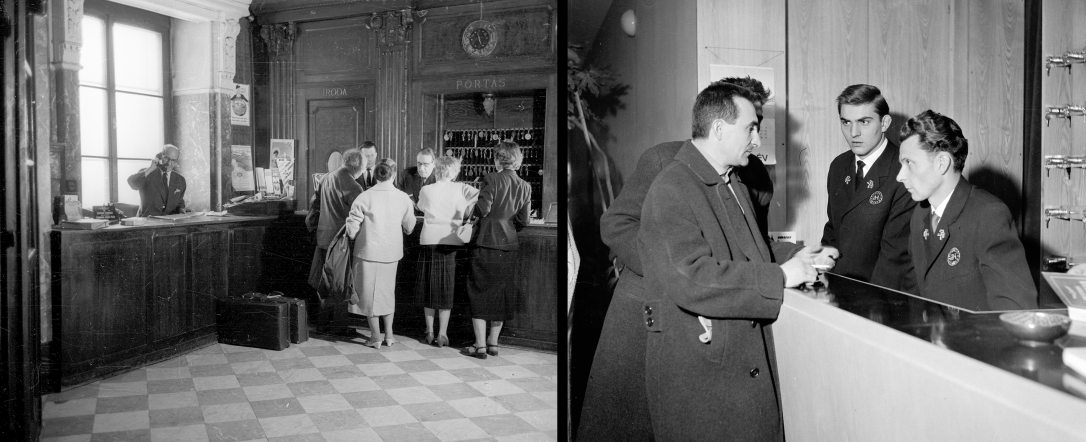 A budapesti Duna szálló recepciója 1958-ban és a kecskeméti Aranyhomok Hotel recepciója 1963-ban. Fotó: Fortepan / Bauer Sándor