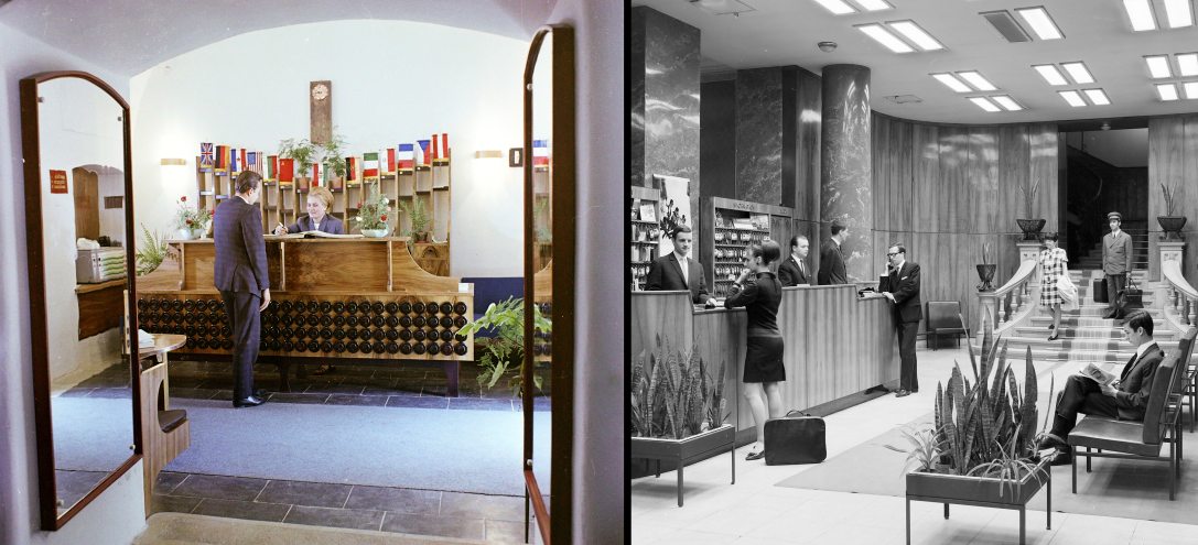 A sárospataki Borostyán Szálló és Étterem recepciója 1968-ban és  a budapesti Béke szálló recepciója  1969-ben. Fotó: Fortepan / Bauer Sándor és FŐFOTÓ
