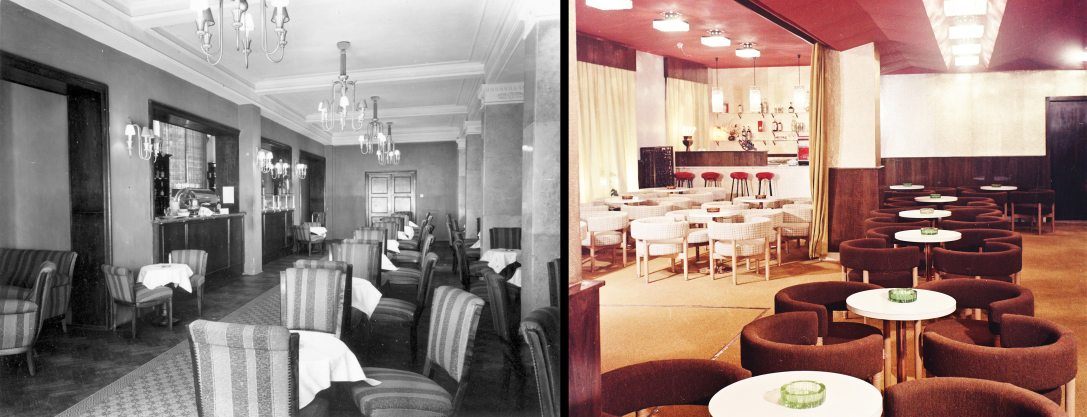 Az Arany Csillag szálló bárja Sztálinvárosban  1954-ben és az Arany Csillag szálló bárja az időközben átnevezett Dunaújvárosban 1970-ben. Fotó: Fortepan / Gallai Sándor és Bauer Sándor